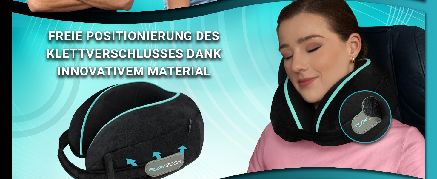 Подушка для шиї FLOWZOOM Comfy для подорожей: регульована, з memory foam, для автомобіля та літака, 360° підтримка, дихаючий чохол, з транспортним мішечком, сіра (Dream - чорна)