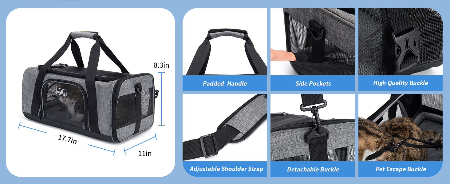 Транспортна переноска для котів та собак, складна, для авіаперельотів, сіра, 45 x 28 x 21 см