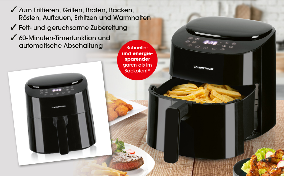 Gourmetmaxx Air Fryer - 4.5L Digital Air Fryer with Timer & Touchscreen - 9 Functions, 8 Programs, Energy-Saving, Black Mini Oven