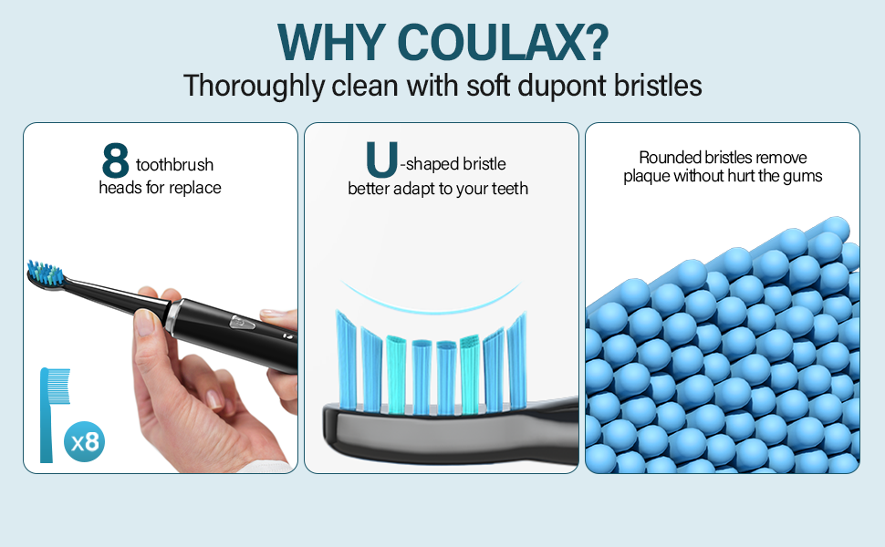Електрична зубна щітка Coulax для дорослих та дітей, 8 насадок, 5 режимів, таймер 2 хв, чорний