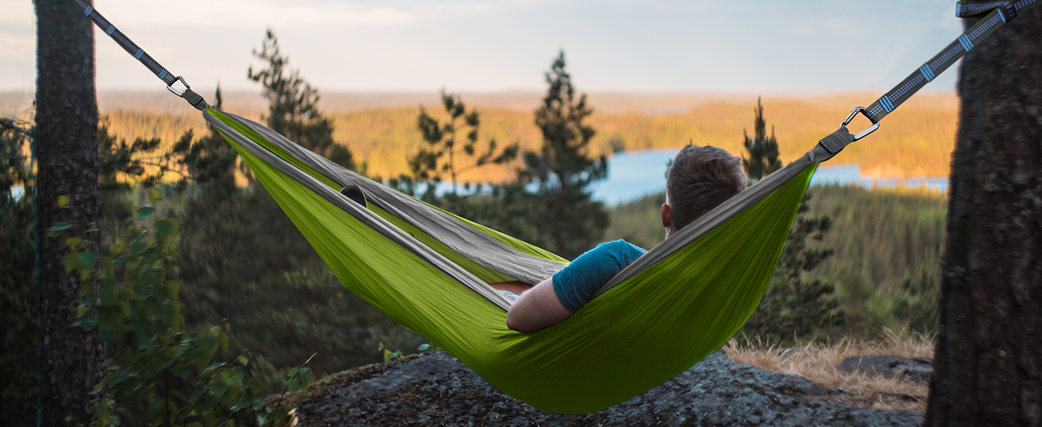 Гамак туристичний Glymnis Ultraleicht Outdoor 300x200 см, зелено-сірий, з мотузками та карабінами, вантажопідйомність 300 кг