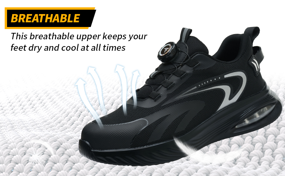 Черевики робочі чоловічі/жіночі, захисні, легкі, спортивні, дихаючі, на шнурках/з поворотним затвором, зі сталевим підноском, 47 EU, чорні