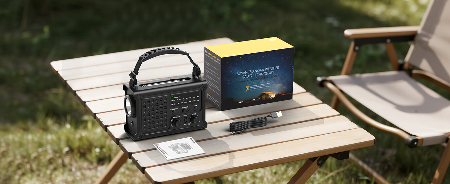 Радіо на сонячній енергії ROCAM 12000mAh з ручним генератором, AM/FM, LED ліхтарик, USB, SOS, IPX6, для кемпінгу та надзвичайних ситуацій (Чорний)