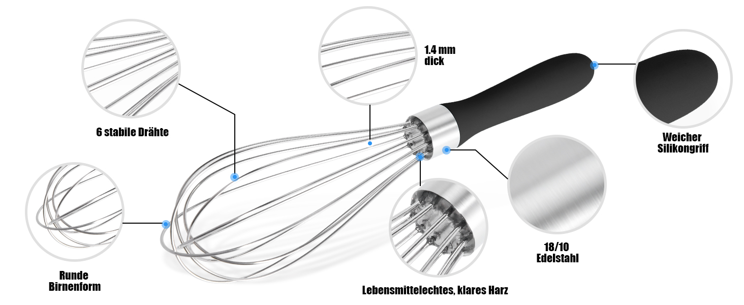 Міксер ручний кухонний Doosu 28 см, з нержавіючої сталі 18/8, 8 гнучких дротів, для змішування, збивання, приготування тіста (Чорний, S-23cm)