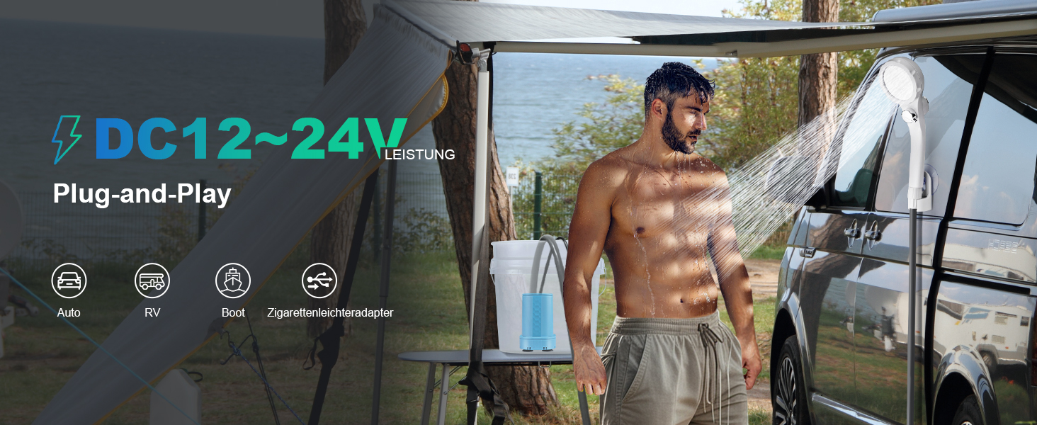 AUTOPkio Camping Shower with Battery, 12V 24V Portable Outdoor Camp Shower Set 4500mAh Rechargeable with Pump for RV, Travel, Car Washing