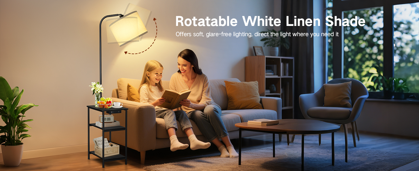 Стійка лампа для вітальні з поличкою та столом, регульована LED лампа з пультом, 3 колірні температури, приліжний столик з функцією зарядки та полицею, дерев'яний столик для спальні, офісу, коричневий в стилі рустік