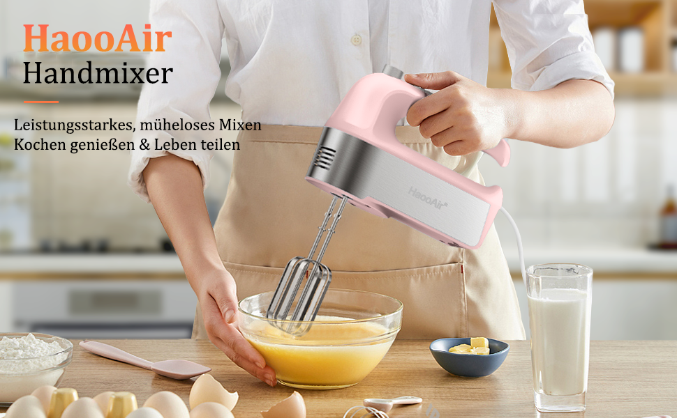 Електричний міксер 450W, 5 швидкостей, з мірним стаканом, 5 насадок з нержавіючої сталі, функція Turbo, кнопка викидання, рожевий