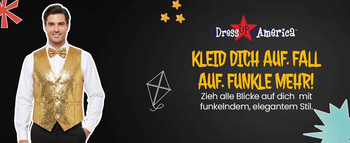 Блестяча жилетка з паєтками Dress Up America з краваткою - золота, V-подібний виріз для чоловіків