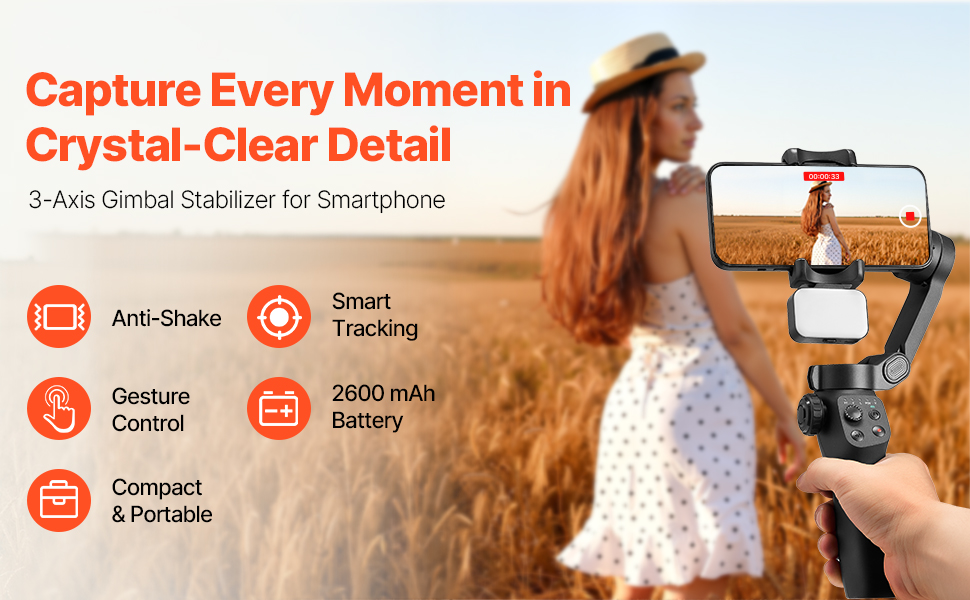 Стабілізатор Gimbal для смартфона VEVOR, 3-осьова стабілізація, трекінг облич/об'єктів, штатив, портативний та складаний, для відеозйомки, DC 3.5–4.2V (вбудована світлодіодна лампа, керування через додаток)