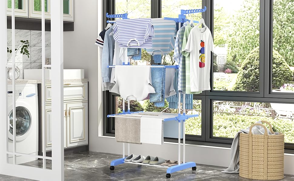 Сушарка для білизни турбо тип, сушарка для одягу з 6 відкидними крилами та 2 боковими крилами, мобільна сушарка для білизни на коліщатках для дому та вулиці, блакитна