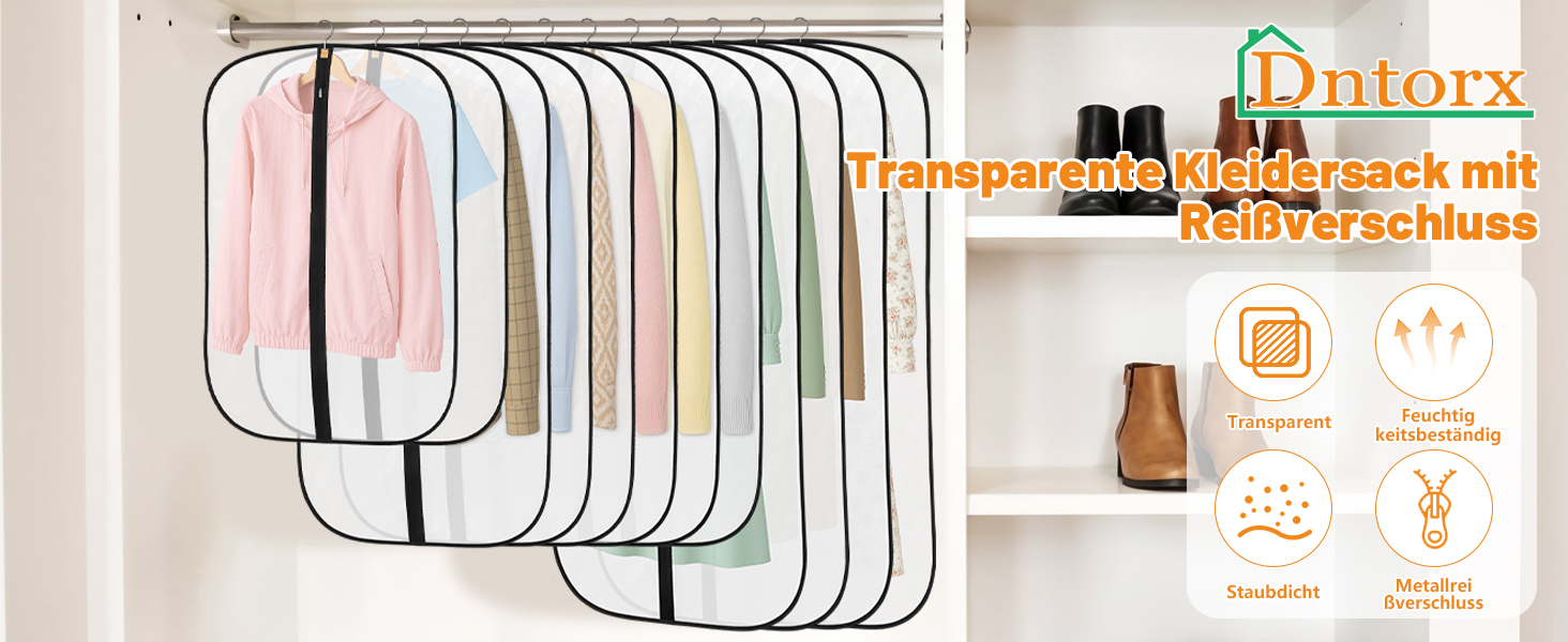 12 містких мішечків для одягу Dntorx 100 x 60 см, PEVA, прозорі, з блискавкою. Захист для костюмів, сорочок, суконь, пальто.