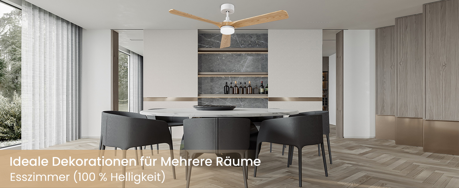 Стеляний вентилятор Holz з підсвічуванням, тихий DC-двигун, 90 см, для вулиці, 3 дерев'яні лопаті, регульоване LED-освітлення 24W, пульт з пам'яттю, 6 швидкостей, таймер (дерево, 52 дюйми)