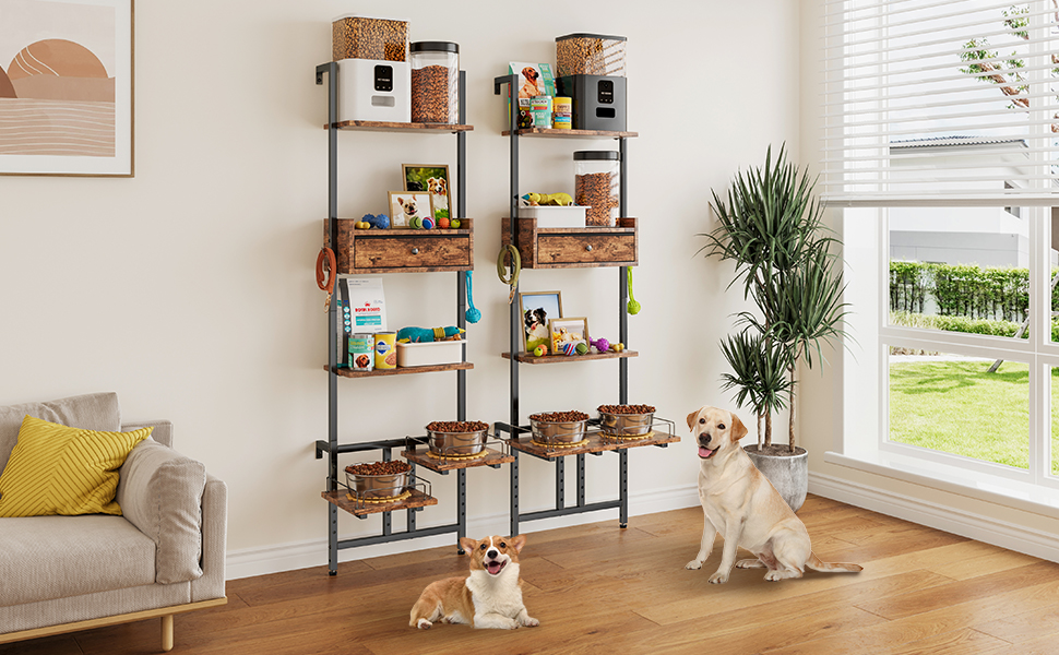 Підвищена годівниця для собак з місцем для зберігання та двома антиковзними килимками, для великих собак, регульована висота, настінний монтаж, колір вінтажний коричневий