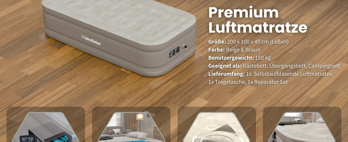 Надувний матрац самонадувний Heimfleiss® 150x200 см | Преміум якість | Швидко надувається | Для гостей та кемпінгу | З насосом (1 особа, бежевий)