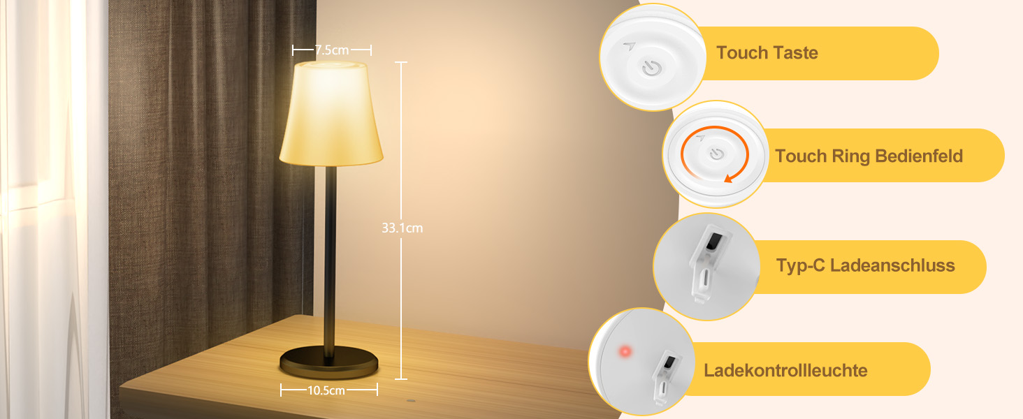 Бездротова LED лампа Suright для столу з регулюванням яскравості, 3 кольори + RGB, сенсорне керування, водонепроникність IP54, для ресторану, спальні, вечірки, кемпінгу, кав'ярні