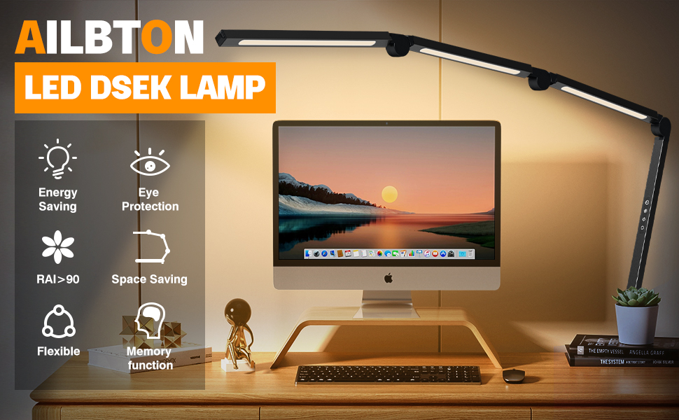 LED лампа для столу AILBTON з кліпсою, гнучка 4-секційна з 3 джерелами світла, 4 колірні температури та 5 рівнів яскравості, захист очей для дому та офісу