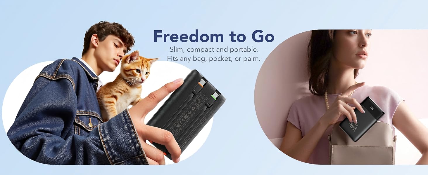 Повербанк VEGER 10000mAh 22.5W з вбудованим кабелем USB-C, швидка зарядка, чорний