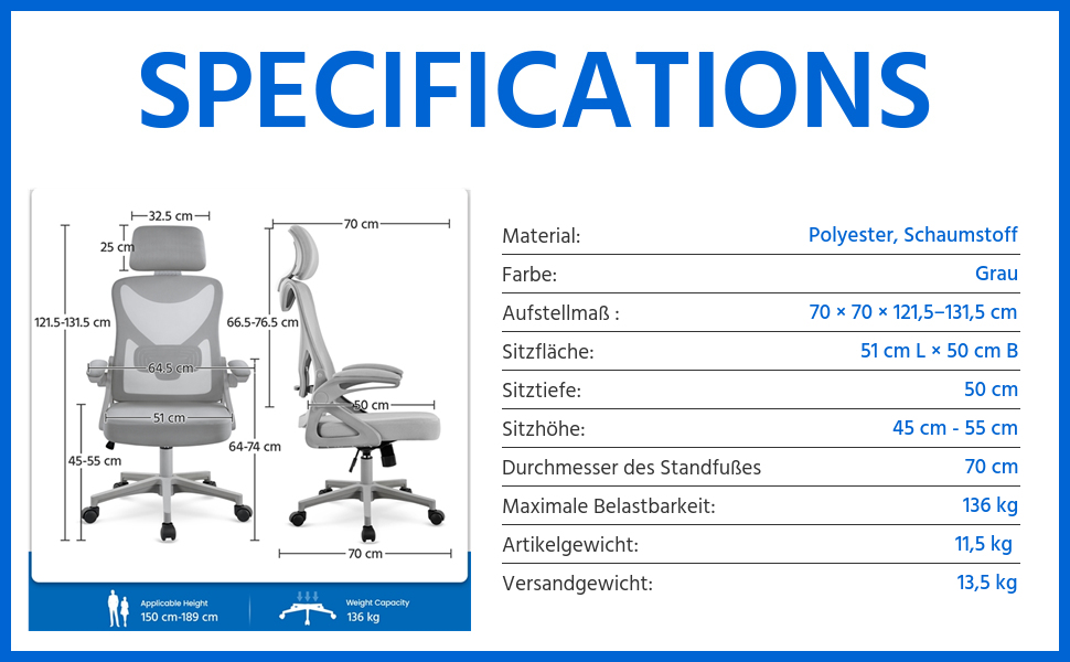 Офісний крісло Yaheetech ергономічне, з підйомними підлокітниками, поворотне з підголівником, для керівника, з функцією гойдання, до 136 кг, сірий