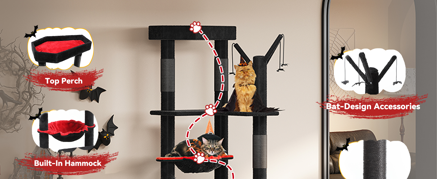 Кігтеточка YITAHOME Готичний XL, 160 см, з 4 колонами з сизалю, платформа для сну, гамак, кулі-іграшки, чорна