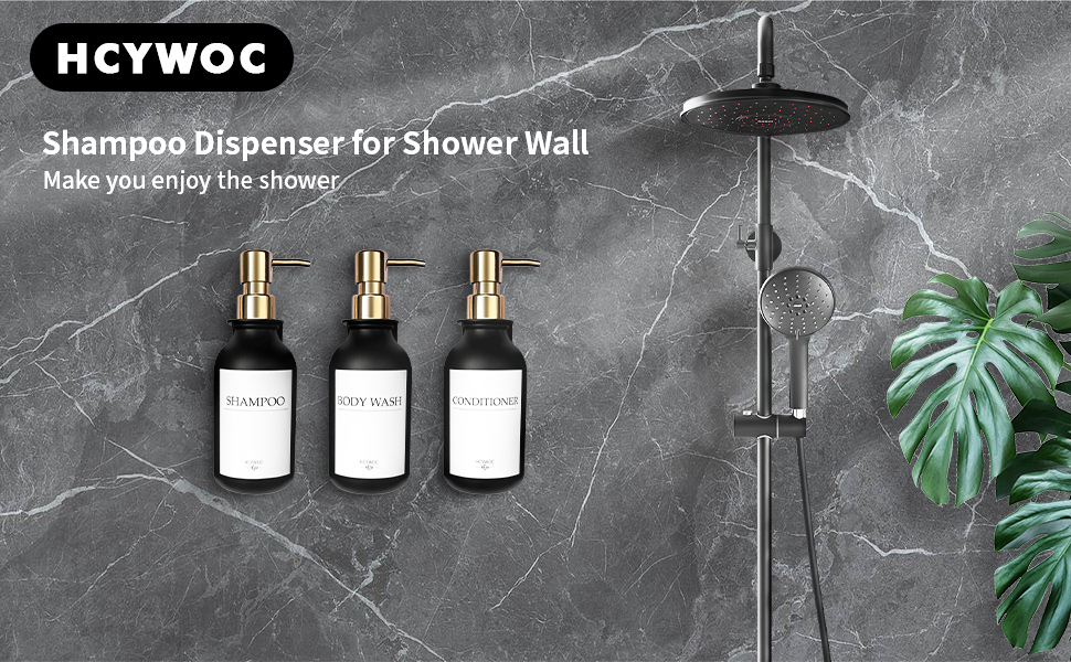 Набір дозаторів для мила та шампуню на стіну, 500 мл, 3 шт., без свердління, янтарний колір (чорна пляшка + золотий насос)