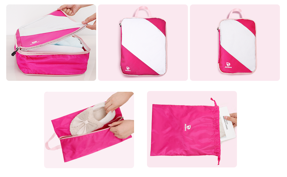 Набір органайзерів для валізи AiQInu, 5 шт. з компресією, для подорожей, рожевий
