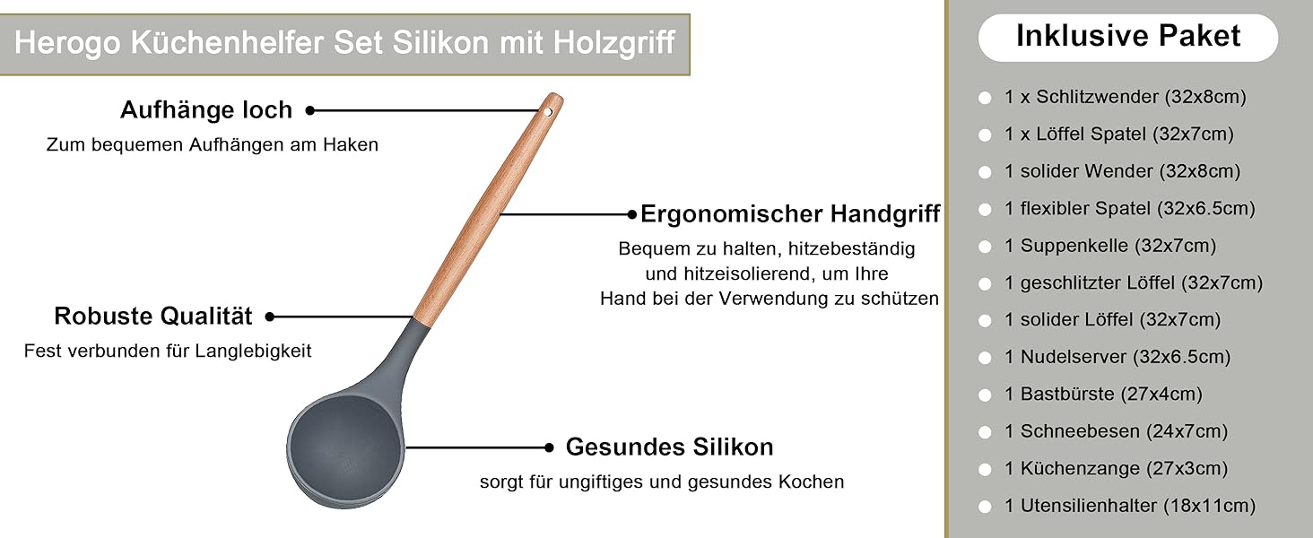 Набір кухонного приладдя Herogo, 12 шт. Силіконові кухонні помічники, кухонне кухонне приладдя з тримачем, стійке до високих температур, з дерев'яною ручкою, антипригарний лопатка – сірий