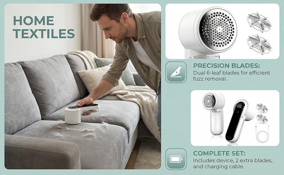 Електричний видалення ворсу - бездротовий пристрій для видалення ворсу з LED-дисплеєм та 3 швидкостями, з 2 запасними лезами - ідеально підходить для светрів, ковдр, одягу та іншого - портативний, ефективний видалення ворсу з тканини