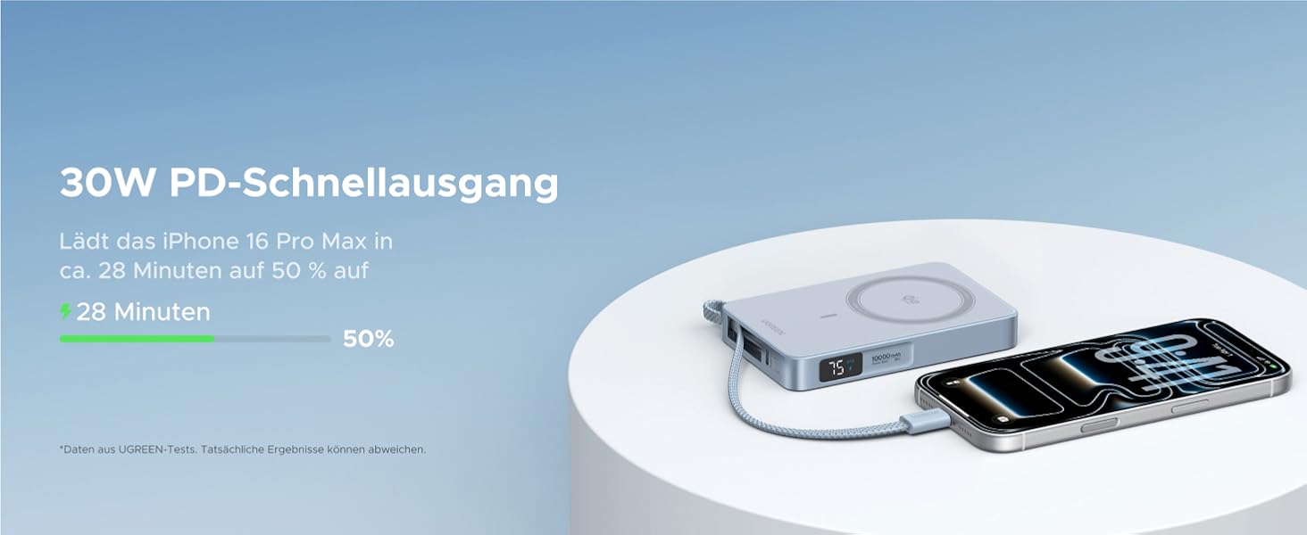 Power Bank UGREEN MagFlow 10000mAh 25W з MagSafe, PD30W USB-C, інтегрований кабель, LED-дисплей, для iPhone 17 Pro/Max