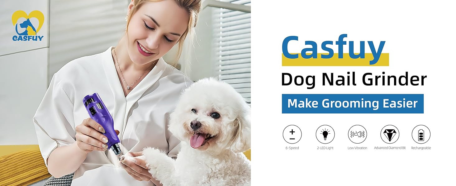 Електричний точилка для кігтів собак Casfuy - 6 режимів, 45 dB, з LED-підсвіткою, для великих, середніх та маленьких собак, з захистом від пилу (білий, фіолетовий)