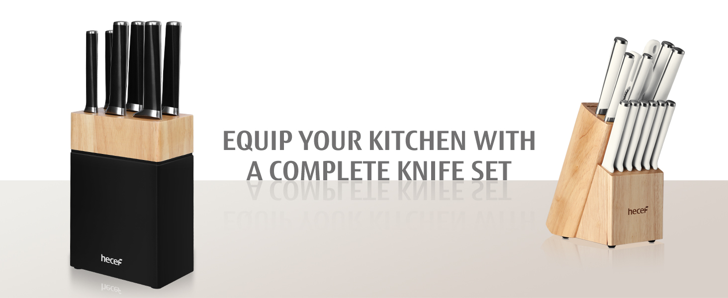 Набір ножів Hecef з підставкою 7 предметів, чорний – кухонні ножі з кованого нержавіючого сталевого леза, повний ергономічний руків'я з подвійним болстером, ергономічний дизайн, нагорода Red Dot Design Award, економія місця, ідеальний подарунок для кухні