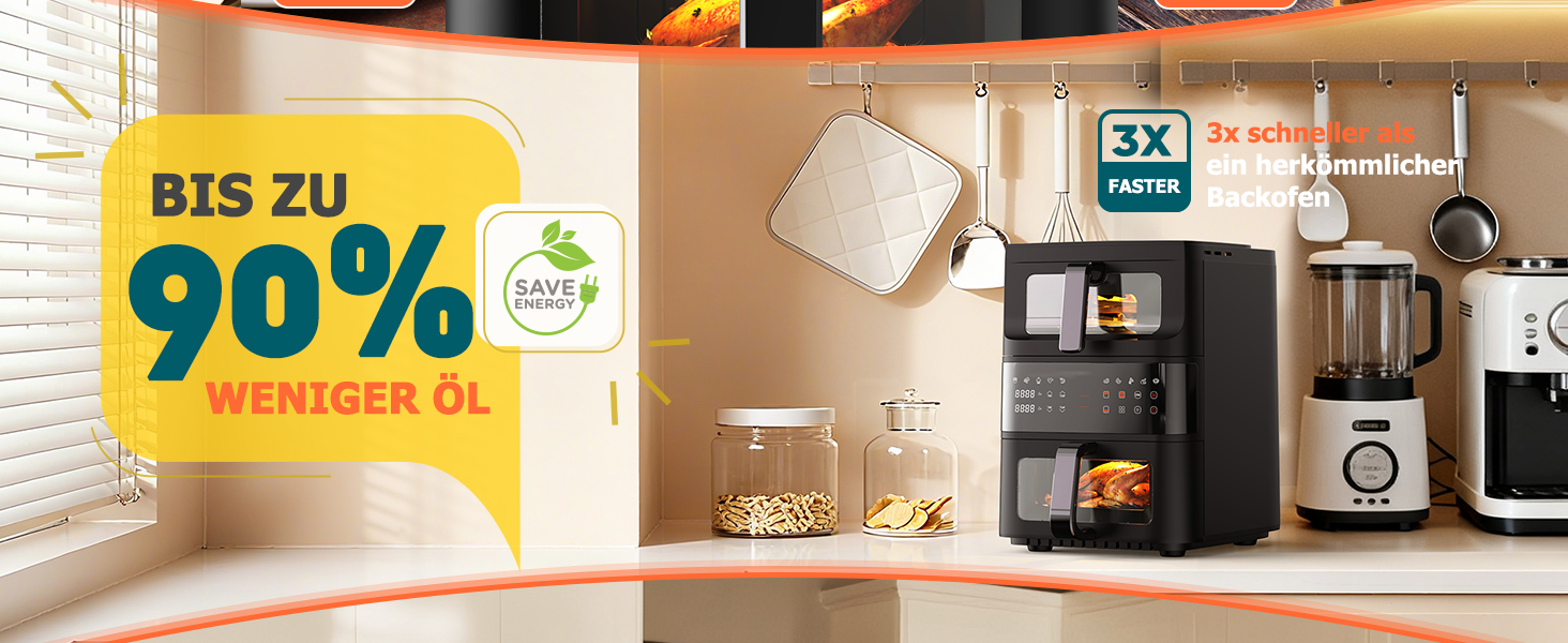 Електрична фритюрниця без олії (10л) з подвійним набором камер, подвійний набір, сенсорний екран, 10 програм, таймер, чорна