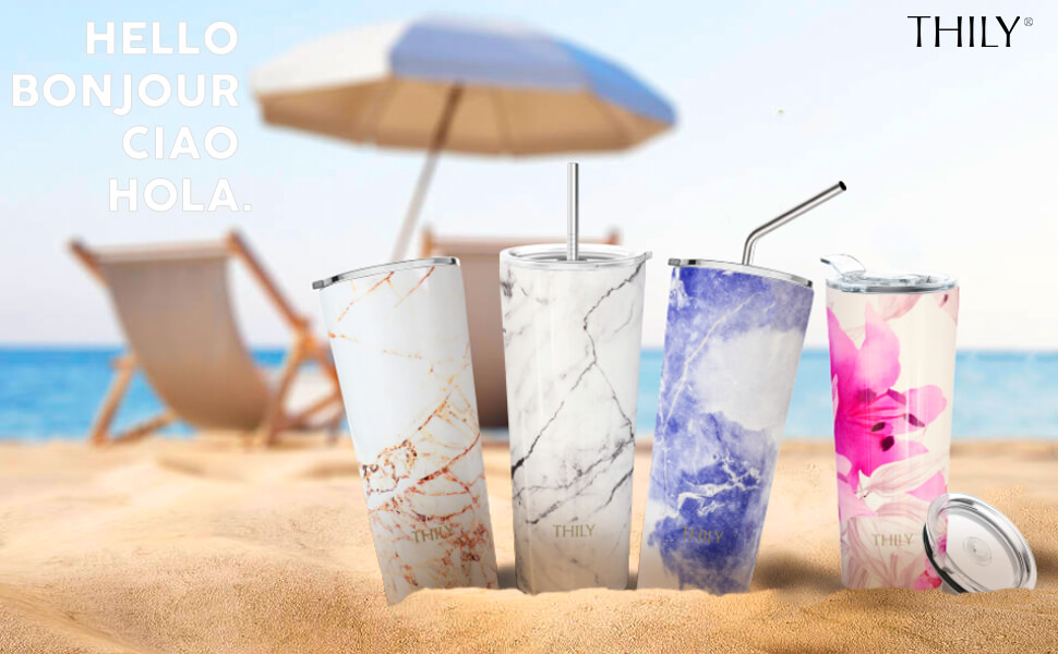 Термос THILY 780 мл, 2 шт. (золотий мармур + блакитний мармур) - термоізольований стакан з кришкою, стійкий до бризок, для гарячих та холодних напоїв