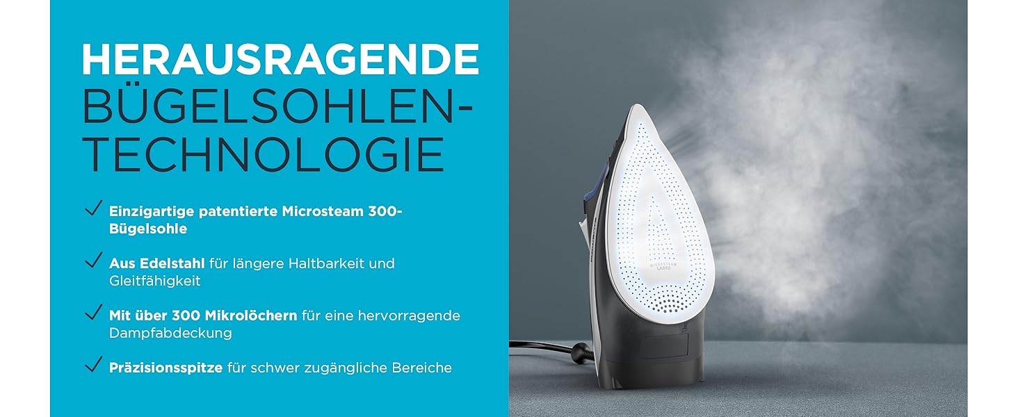 Праска Rowenta Acessteam DW4301: 2500 Вт, 140 г/хв, Microsteam 300, захист від накипу, без крапель, блакитно-чорна