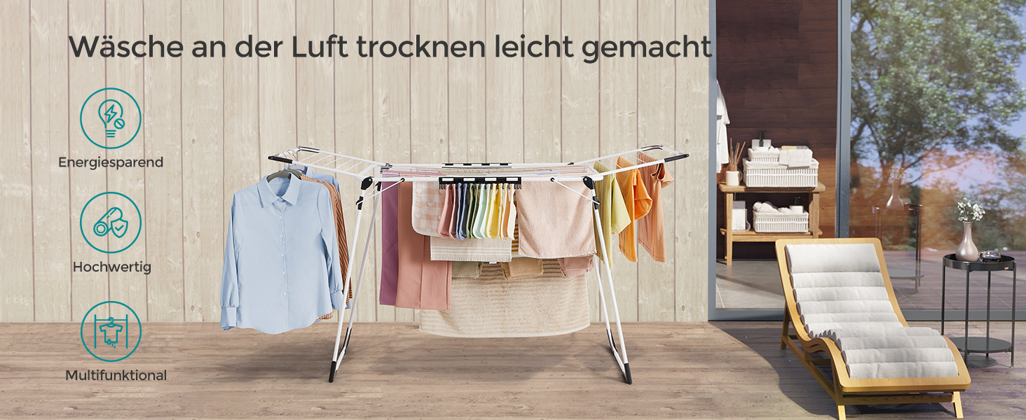 SONGMICS Сушарка для білизни на коліщатках, металева, біла, 52.5 x 173 x 96.5 см, з тримачем для шкарпеток, для одягу, рушників та білизни