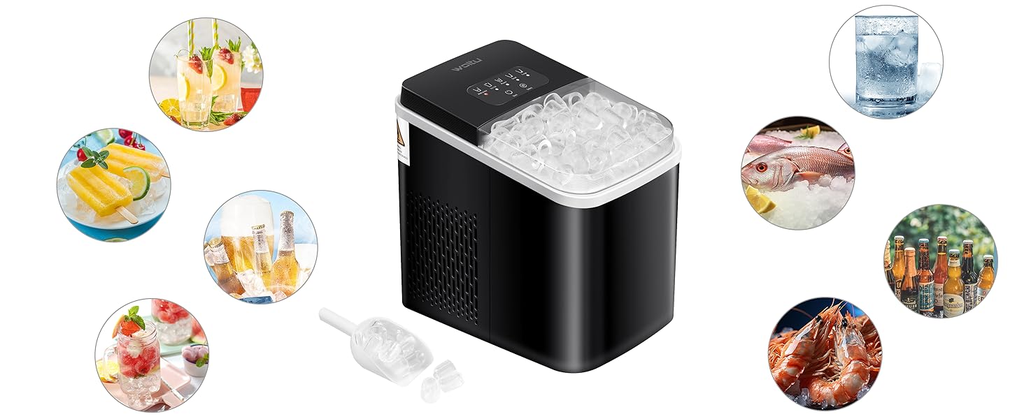 WOLTU Compact Ice Cube Maker Machine - Fast Ice Production (8 Cubes/6-8 Min) - 12kg/24h Capacity - Portable with Handle - Self-Cleaning - 2 Sizes - Ice Maker for Home, Camping, Office (1.4L, Black)