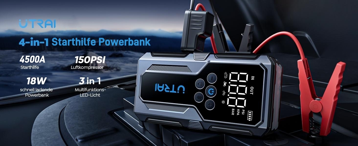 Powerbank Starthilfe UTRAI для автомобіля: 4500A, компресор 150PSI, швидка зарядка 18W, ліхтар, запуск двигуна до 8.5L бензину/6.5L дизеля