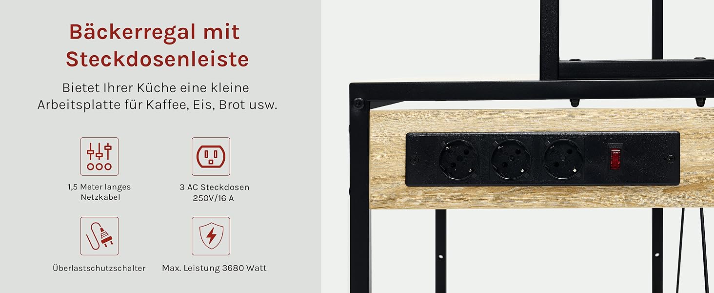 Кухонна полиця WOLTU з 6 ярусами, з розетками, мікрохвильова полиця з 6 гачками, полиця для пекаря з металевим каркасом, регульовані полиці, Чорний+Рустикальне коричневе, 60 x 167 x 40 см (Чорний+світлий дуб, 80 x 39,5 x 167 см)