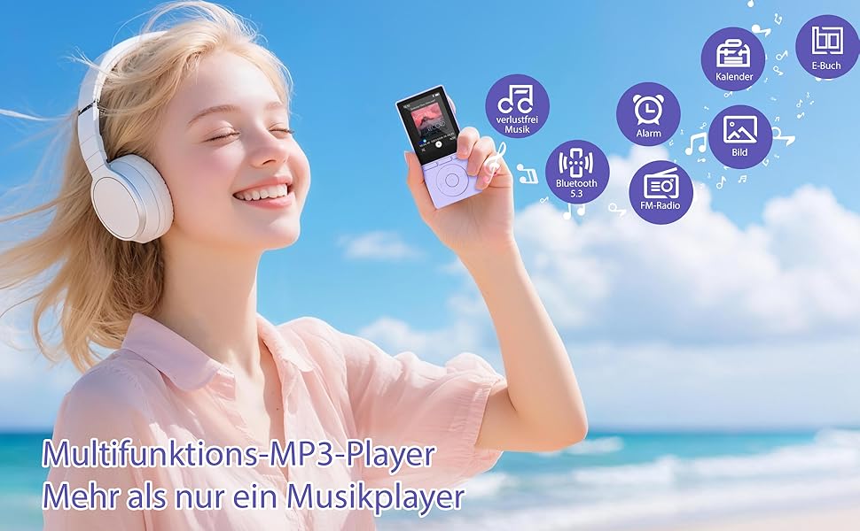 MP3 плеєр 64GB Bluetooth 5.3 з динаміком, записом голосу, E-book, HiFi звук, фіолетовий. Підтримка TF карти 128GB для спорту