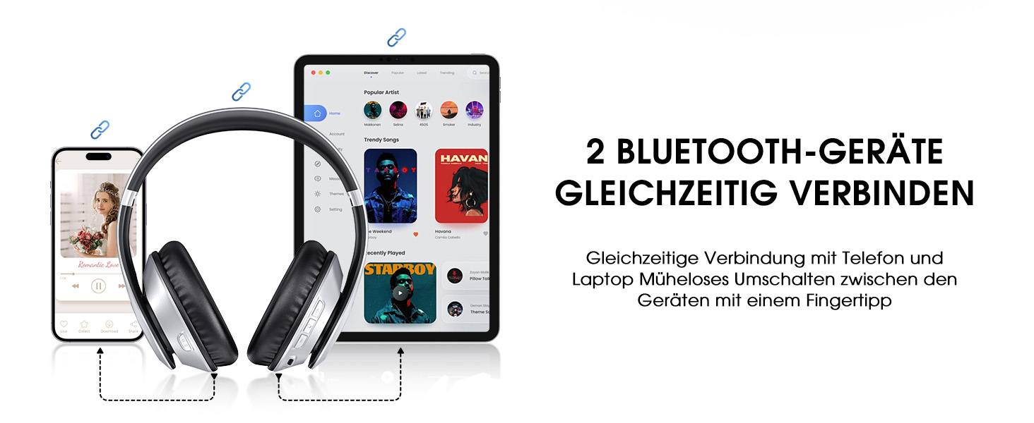 Бездротові навушники Uliptz Over-Ear Bluetooth з 65 годинами роботи, 6 EQ-режимів, HiFi стерео, складна конструкція для подорожей/офісу/телефону/ПК (срібні)