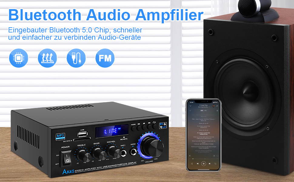 HiFi підсилювач AK45 Mini Bluetooth стерео, 2-канальний, 400 Вт, цифровий аудіо підсилювач з FM-радіо, SD/USB, для дому та авто