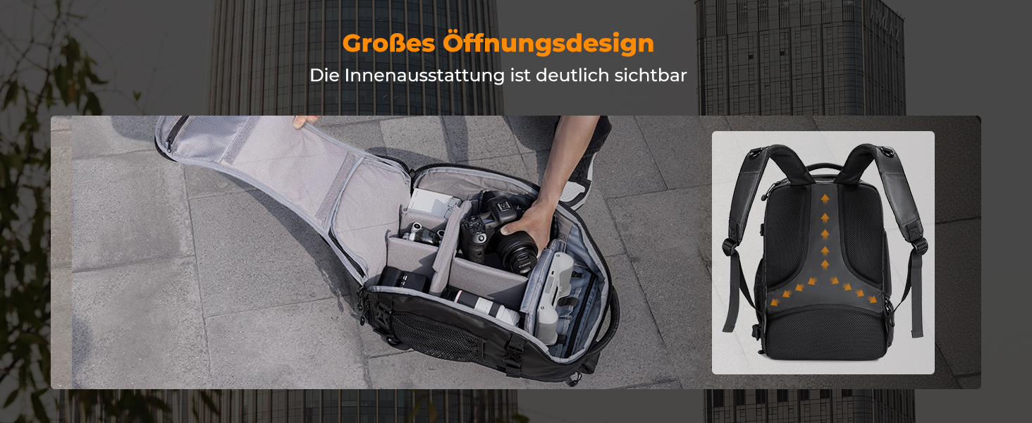 Фоторюкзак K&F Concept 25L: Водонепроникний рюкзак для фототехніки з захистом від дощу, відділенням для ноутбука 16 дюймів (чорний)
