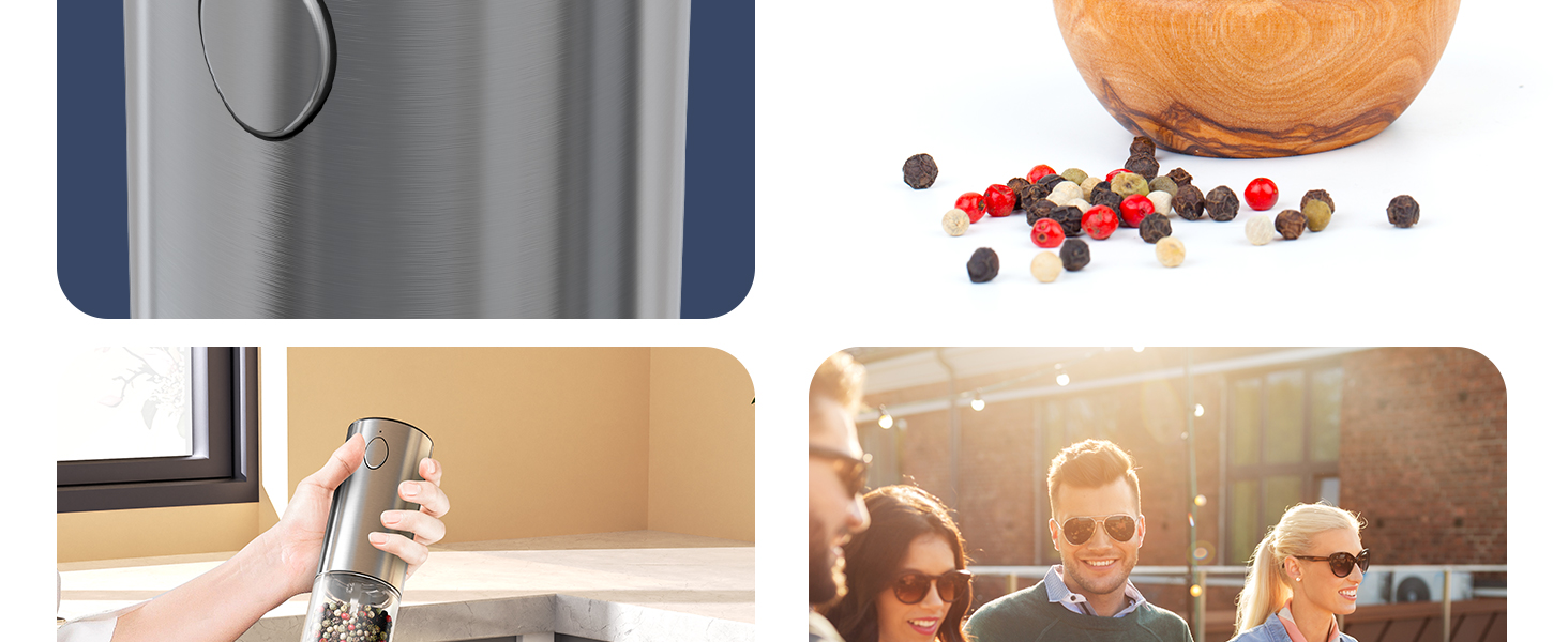 Електричні соляні та перечні млини CIRCLE JOY з нержавіючої сталі з підставкою, 95 мл, біле LED-підсвічування, регульована ступінь помелу, срібні