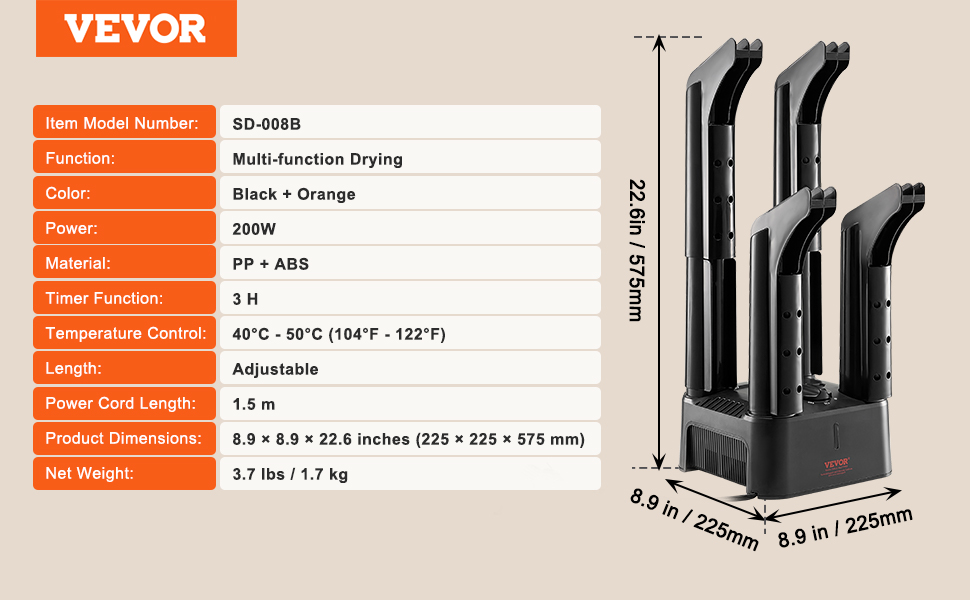 Сушарка для взуття VEVOR з 4-ма трубками, таймером, 200 Вт, підігрівач та сушар для чобіт та взуття