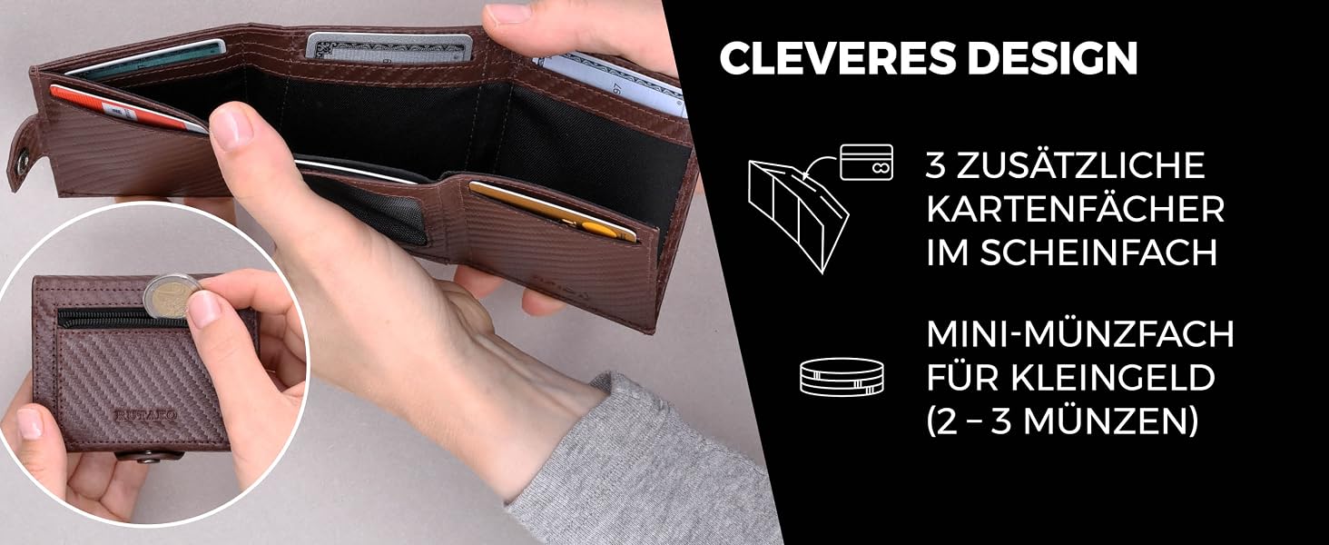 Слім-гаманець RUTAKO з RFID-захистом для чоловіків та жінок, компактний картхолдер з відділенням для монет, Carbon Brown