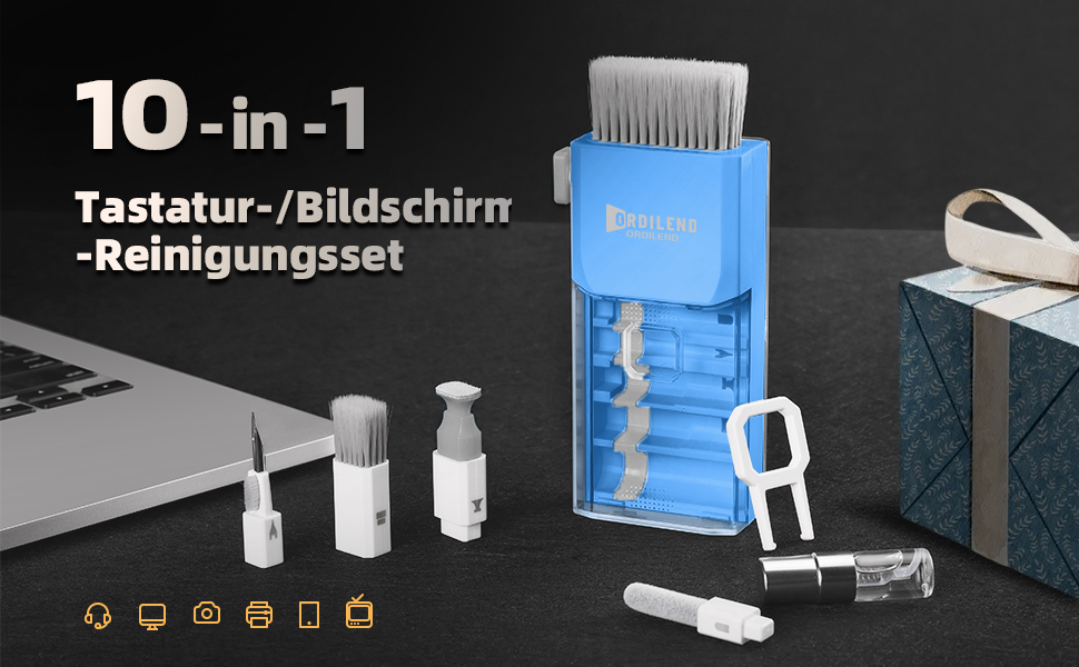 Набір для чищення клавіатури та гаджетів Ordilend: щітка, спрей, для ноутбука, телефону, iPad, монітора