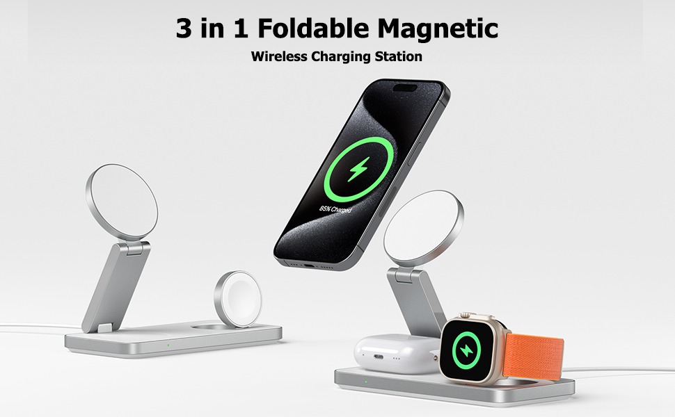 Бездротова зарядка Induktive з підтримкою MagSafe, 3-в-1 для iPhone 17/16/15/14/13/12, Apple Watch та AirPods, 20W, білий колір