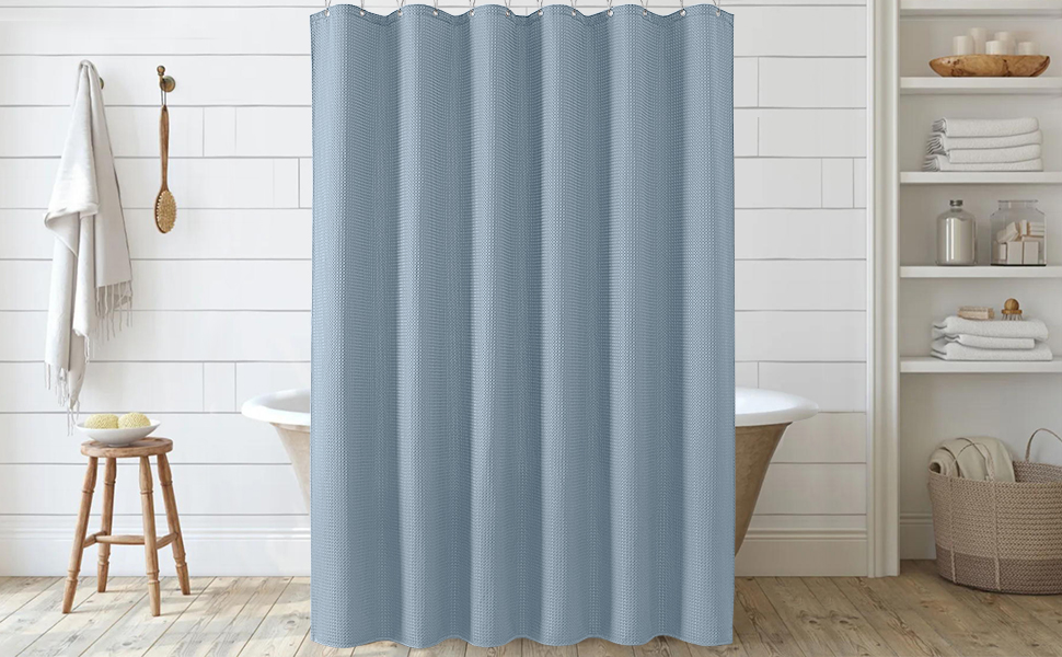 Штора для ванної кімнати Waffel з кільцями, 182x182 см, біла (вафельний малюнок, блакитний місячне світло), водовідштовхувальна, антигрибкова