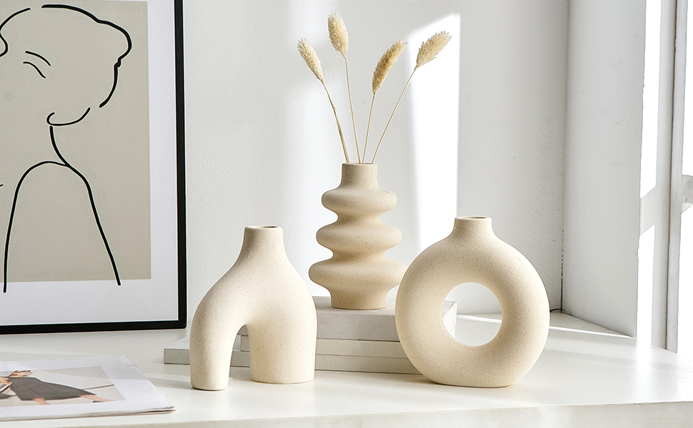 Set of 3 Ceramic Vases for Pampas Grass - Modern Round Decorative Vases for Home Decor, Wedding Centerpieces