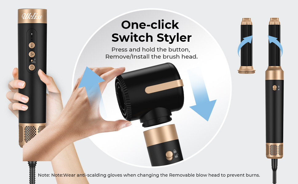 UKLISS Airstyler Multistyler 7 в 1: фен-щітка, локон, випрямляч, турбіна, 1400W, турбіна, 3 режими температури, 30 мм, турбіс