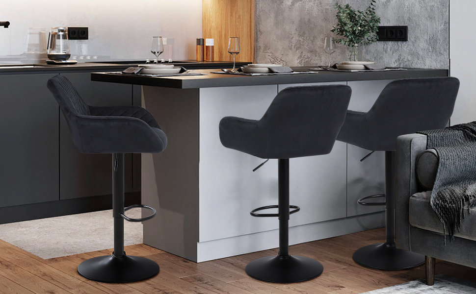 Ralex Velvet Bar Stools 2-Pack - Adjustable Swivel Bar Chairs with Backrest & Armrests for Kitchen, Bar & Counter - Black